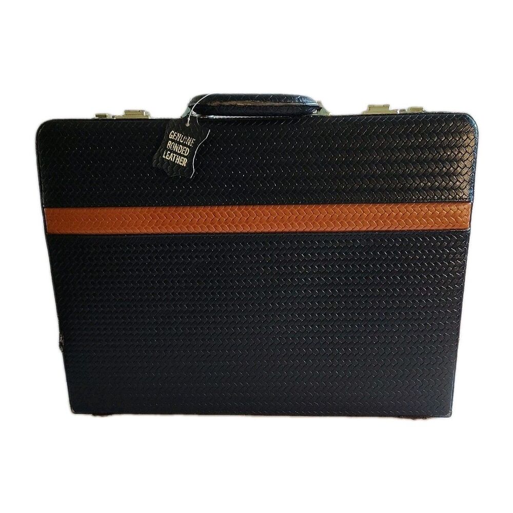 Vintage Black Woven Bonded Leather Attache Briefcase Business Case Retro